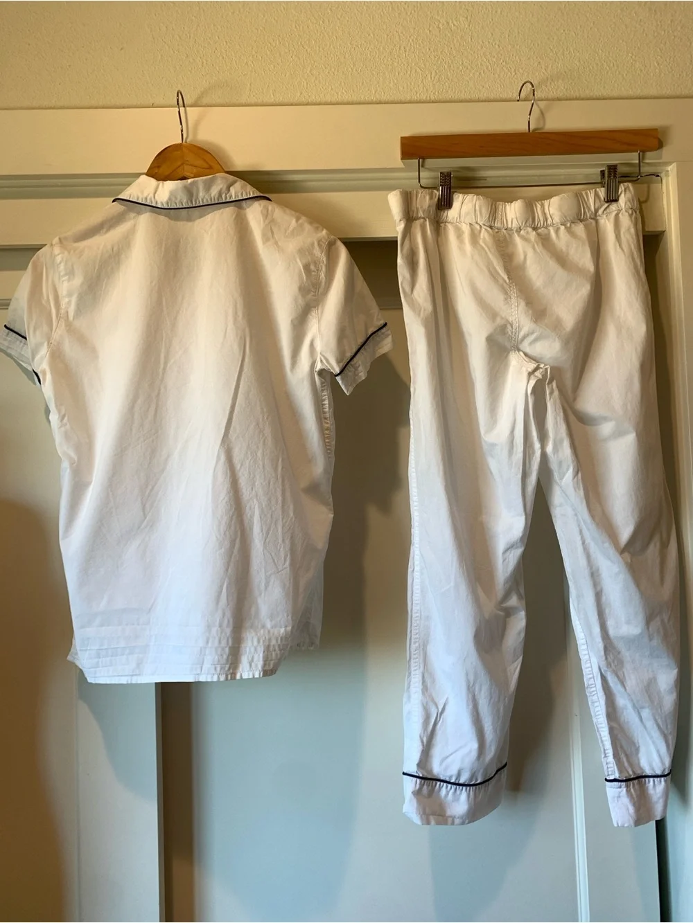 J. Crew White Cotton Pajama Set with Navy Piping